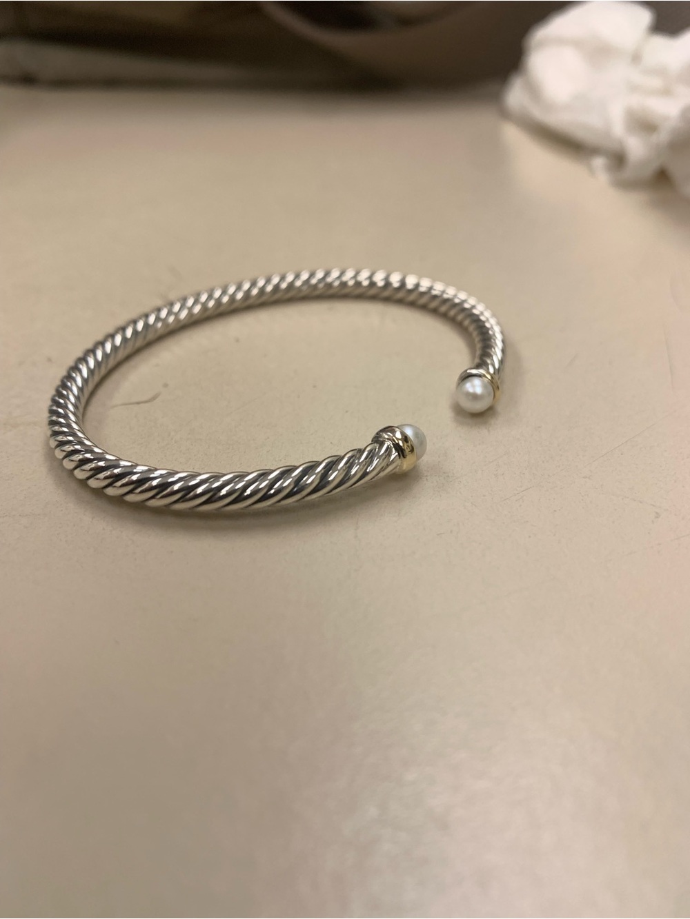 David Yurman Silver Twisted Cable Open Cuff with Pearl and Gold Accents